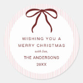 Classic Pink Stripes Red Bow Merry Christmas ラウンドシール (正面)