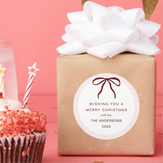 Classic Pink Stripes Red Bow Merry Christmas ラウンドシール (パーティー)