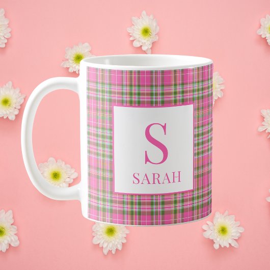 Classic Pink Tartan Plaid Monogram Name コーヒーマグカップ