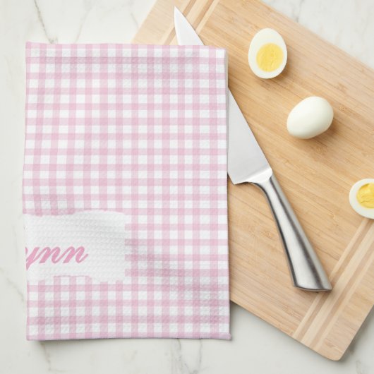 Classic Pink & White Gingham | Personalized Name キッチンタオル (四つ折り)