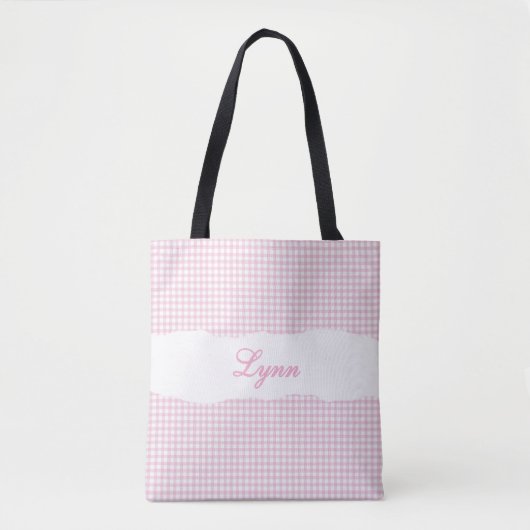 Classic Pink & White Gingham | Personalized Name トートバッグ (正面)