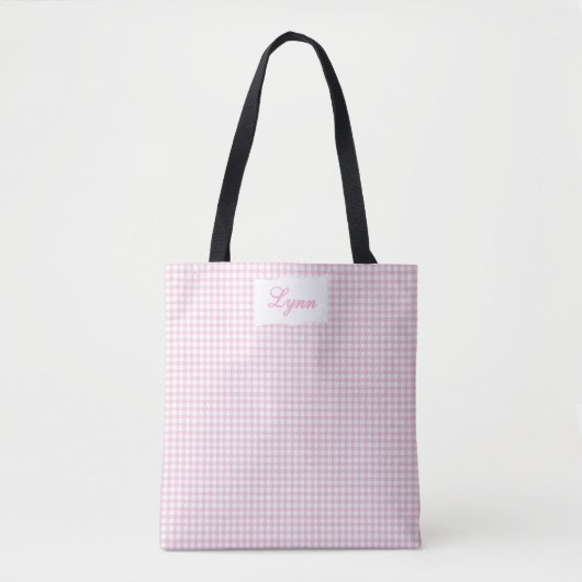 Classic Pink & White Gingham | Personalized Name トートバッグ (正面)
