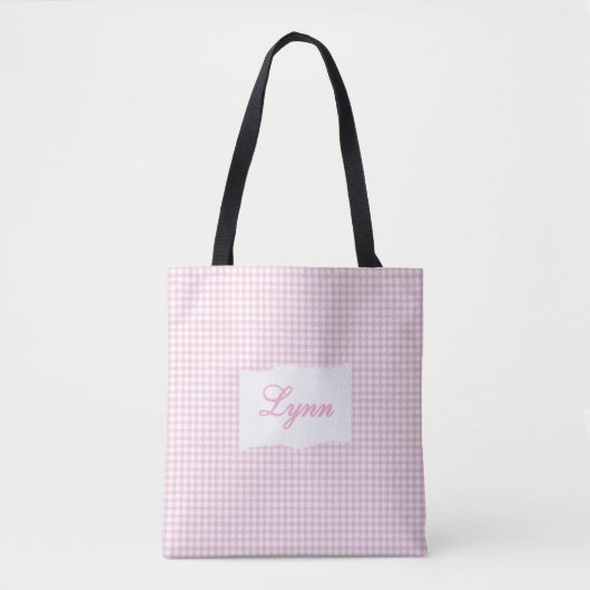 Classic Pink & White Gingham | Personalized Name トートバッグ (正面)