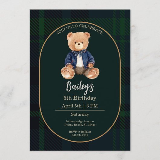 Classic Plaid Little Bear Birthday Invitation 招待状 (正面)