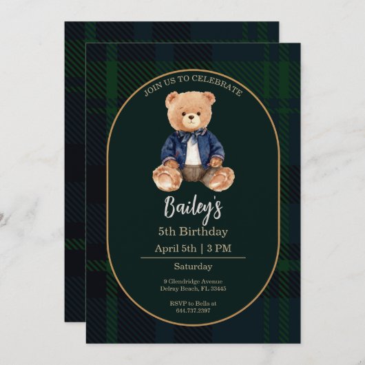 Classic Plaid Little Bear Birthday Invitation 招待状 (正面/裏面)