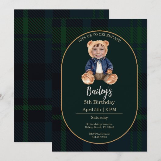 Classic Plaid Little Bear Birthday Photo 招待状 (正面/裏面)