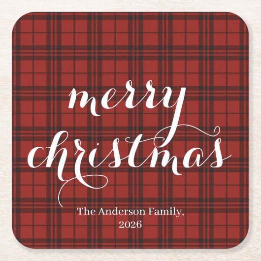 Classic Plaid Merry Christmas Festive - スクエアペーパーコースター (正面)