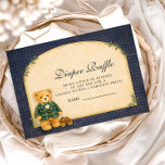 Classic Plaid Nursery Teddy Diapper Raffle エンクロージャーカード<br><div class="desc">A charming preppy baby shower design featuring a sweet teddy bear dressed in a classic green plaid jacket and bow tie. Above the bear, a delicate clothesline displays tiny baby clothes and shoes, creating a nostalgic storybook nursery scene. The deep navy background and subtle tartan border add a refined, vintage-inspired...</div>