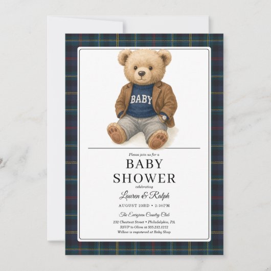 Classic Plaid Teddy Bear Baby Shower 招待状 (正面)