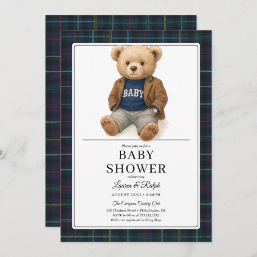 Classic Plaid Teddy Bear Baby Shower 招待状 (正面/裏面)