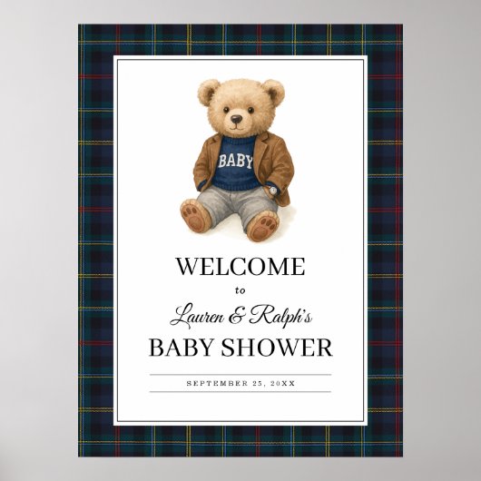 Classic Plaid Teddy Bear Baby Shower Poster ポスター (正面)