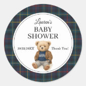 Classic Plaid Teddy Bear Baby Shower Stickers  ラウンドシール (正面)
