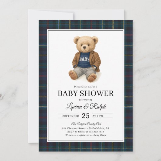 Classic Plaid Teddy Bear Lauren Baby Shower 招待状 (正面)