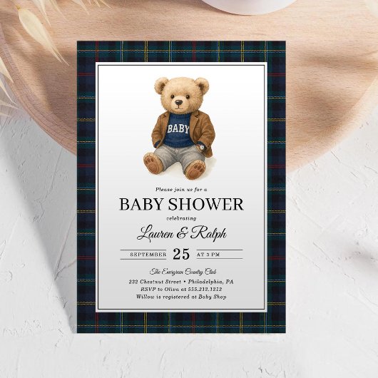 Classic Plaid Teddy Bear Lauren Baby Shower 招待状