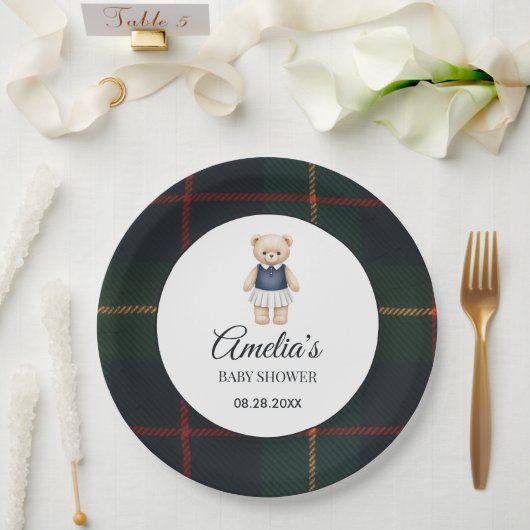 Classic Polo Teddy Bear Preppy Plaid Baby Shower  ペーパープレート (ウェディング)