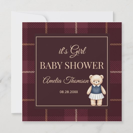 Classic Polo Teddy Bear Preppy Plaid Baby Shower  招待状 (正面)