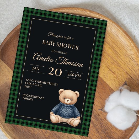 Classic Polo Teddy Bear Preppy Plaid Baby Shower 招待状
