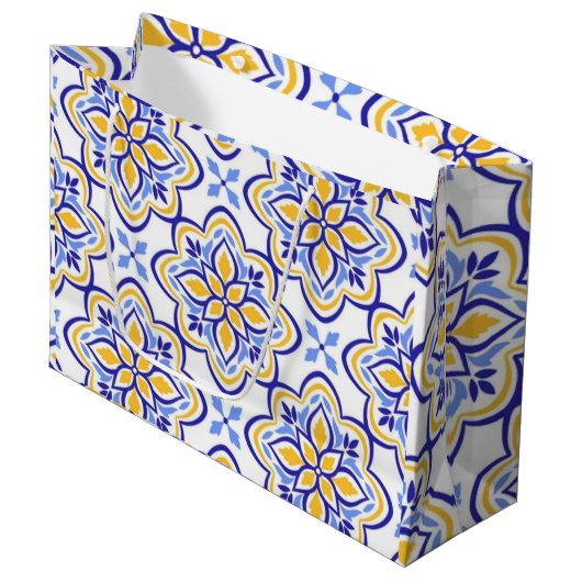 Classic Portuguese Blue and Gold Mediterranean Flo ラージペーパーバッグ (正面アングル)