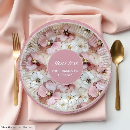 Classic powder pink and gold floral paper plates ペーパープレート