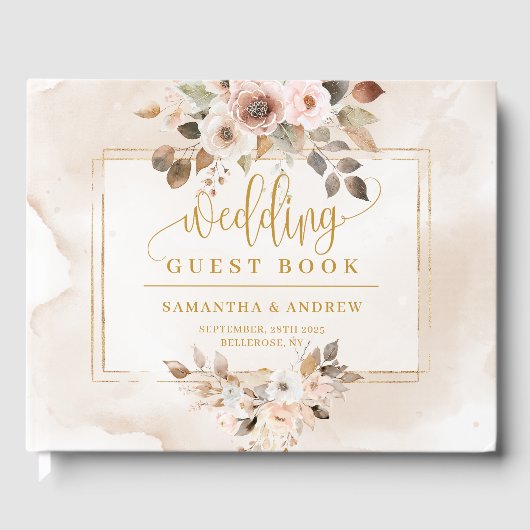 Classic Powder Pink Gold Frame Wedding Guest Book ゲストブック (正面)