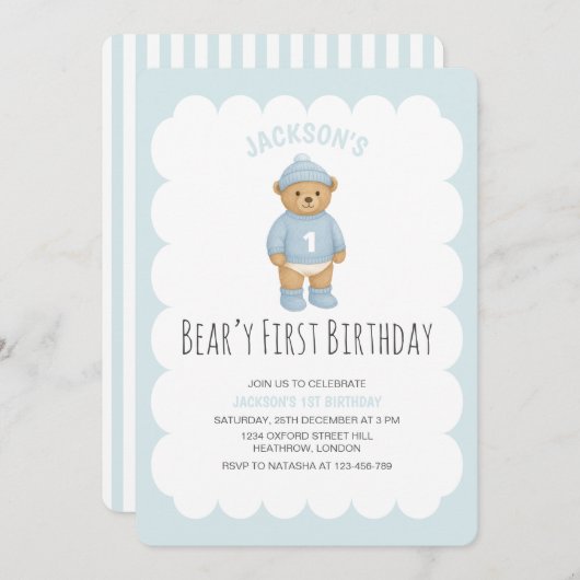 Classic Preppy Bear Blue Boy Birthday 招待状 (正面/裏面)