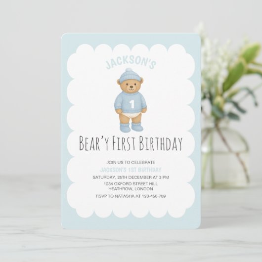 Classic Preppy Bear Blue Boy Birthday 招待状 (スタンド正面)