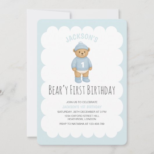 Classic Preppy Bear Blue Boy Birthday 招待状 (正面)