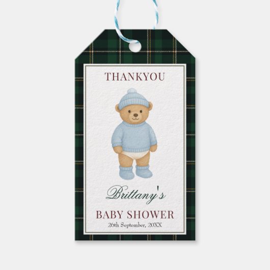 Classic Preppy Bear Designer Plaid Baby Shower ギフトタグ (正面)