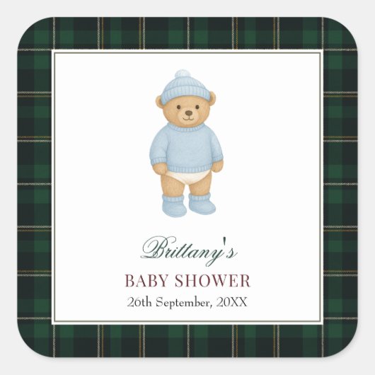 Classic Preppy Bear Designer Plaid Baby Shower スクエアシール (正面)
