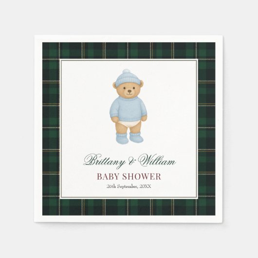 Classic Preppy Bear Designer Plaid Baby Shower スタンダードカクテルナプキン (正面)