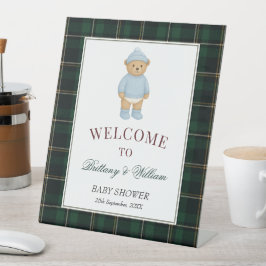 Classic Preppy Bear Designer Plaid Baby Shower 台座サイン