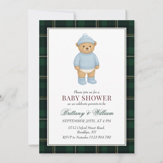 Classic Preppy Bear Designer Plaid Baby Shower 招待状 (正面)