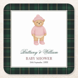 Classic Preppy Bear Green Tartan Plaid Baby Shower スクエアペーパーコースター