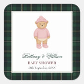 Classic Preppy Bear Pink Baby Shower スクエアシール (正面)