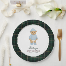 Classic Preppy Bear Tartan Baby Shower ペーパープレート