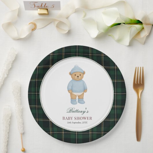 Classic Preppy Bear Tartan Baby Shower ペーパープレート (ウェディング)