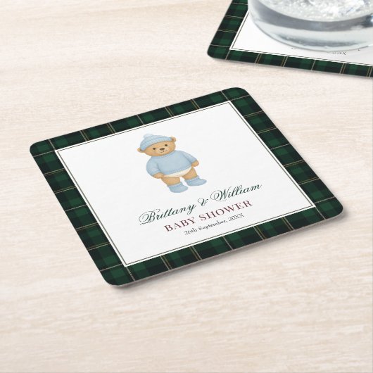 Classic Preppy Bear Tartan Plaid Baby Shower スクエアペーパーコースター (アングル)