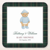 Classic Preppy Bear Tartan Plaid Baby Shower スクエアペーパーコースター (正面)