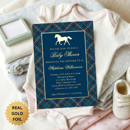 Classic Preppy Plaid Blue Equestrian Baby Shower 箔招待状