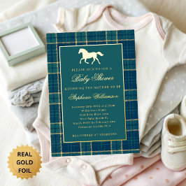 Classic Preppy Plaid Green Horse Baby Shower 箔招待状