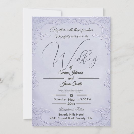 Classic Purple Embossed Floral Wedding Invitation 招待状 (正面)