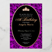 Classic Purple Roses 18th Birthday Debut Rose Gold 箔招待状 (正面)