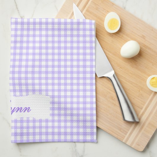 Classic Purple & White Gingham | Personalized Name キッチンタオル (四つ折り)
