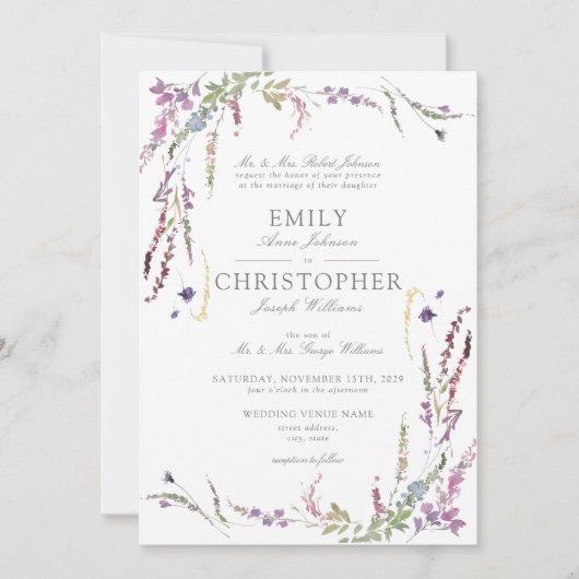 Classic Purple Wildflower Wedding Invitation 招待状 (正面)