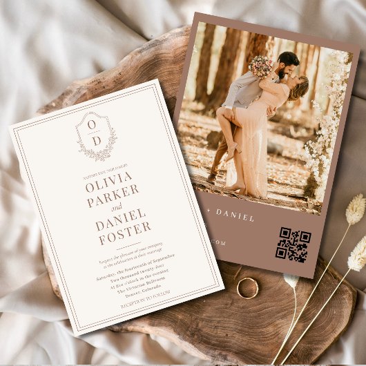 Classic QR Code Crest Mocha Brown Photo Wedding 招待状