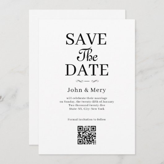 Classic QR Code Photo Wedding Save The Date 招待状 (正面/裏面)