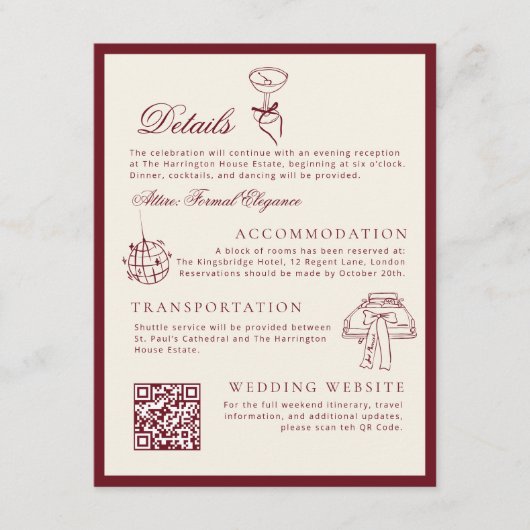 Classic QR Code Wedding Details Deep Red Old Money エンクロージャーカード (正面)