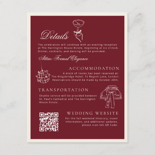Classic QR Code Wedding Details Deep Red Old Money エンクロージャーカード (正面)