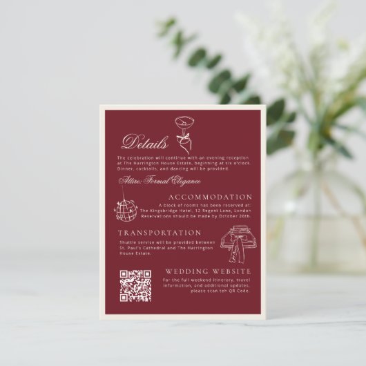 Classic QR Code Wedding Details Deep Red Old Money エンクロージャーカード (スタンド正面)