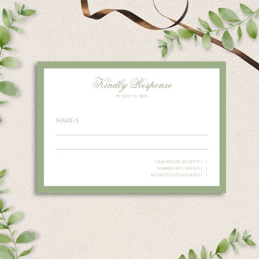 Classic Real Sage Green Border Script Wedding  出欠カード